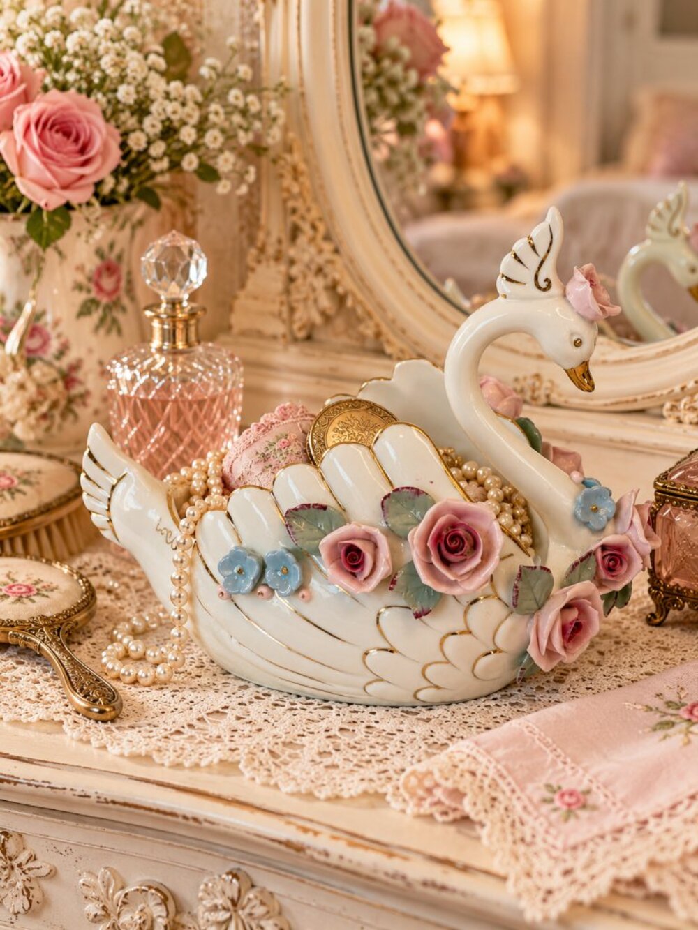 Vintage Lamor China Occupied Japan Porcelain Swan Planter Applied Roses Gold Tri